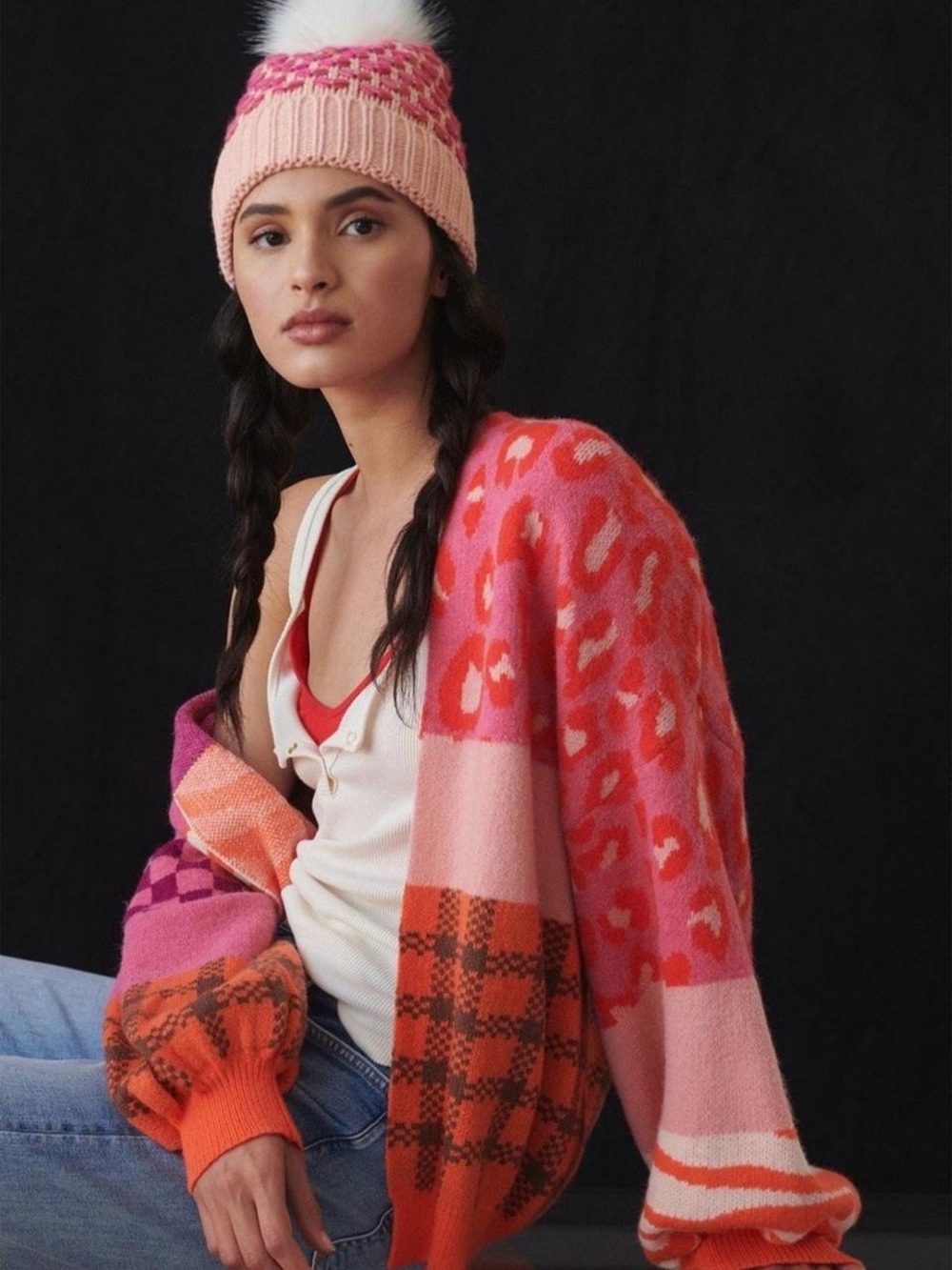 Anthropologie Animal & Checker Knit Cardigan